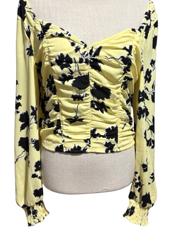 Open Edit Tops - Open Edit Yellow Floral Ruched Cottagecore Milkmaid Crop Top L